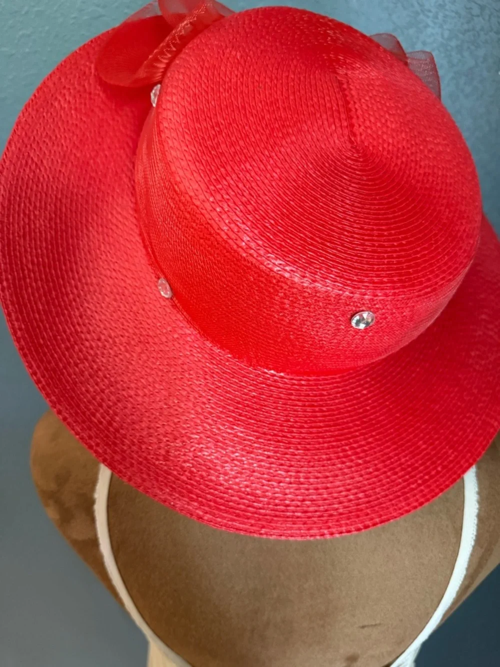 Red Decorative Wide-Brim Straw Hat rhinestones mash, bow Derby red hat Society